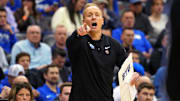 Mar 27, 2025; Newark, NJ, USA; Brigham Young Cougars head coach Kevin Young calls to his team during the first half against the Alabama Crimson Tide during an East Regional semifinal of the 2025 NCAA tournament at Prudential Center. Mandatory Credit: Robert Deutsch-Imagn Images