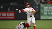 Sep 16, 2025; St. Louis, Missouri, USA; Cincinnati Reds shortstop Elly De La Cruz (44) is out at second base as St. Louis Cardinals second baseman Brendan Donovan (33) turns a double play in the fifth inning at Busch Stadium. Mandatory Credit: Joe Puetz-Imagn Images