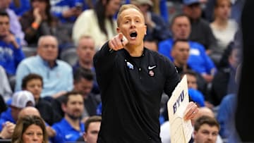 Mar 27, 2025; Newark, NJ, USA; Brigham Young Cougars head coach Kevin Young calls to his team during the first half against the Alabama Crimson Tide during an East Regional semifinal of the 2025 NCAA tournament at Prudential Center. Mandatory Credit: Robert Deutsch-Imagn Images