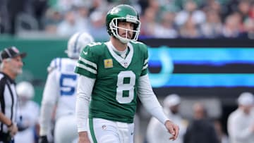 Nov 17, 2024; East Rutherford, New Jersey, USA; New York Jets quarterback Aaron Rodgers (8) reacts during the first quarter against the Indianapolis Colts at MetLife Stadium. Mandatory Credit: Brad Penner-Imagn Images
