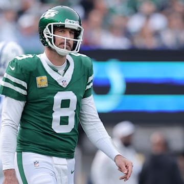 Nov 17, 2024; East Rutherford, New Jersey, USA; New York Jets quarterback Aaron Rodgers (8) reacts during the first quarter against the Indianapolis Colts at MetLife Stadium. Mandatory Credit: Brad Penner-Imagn Images