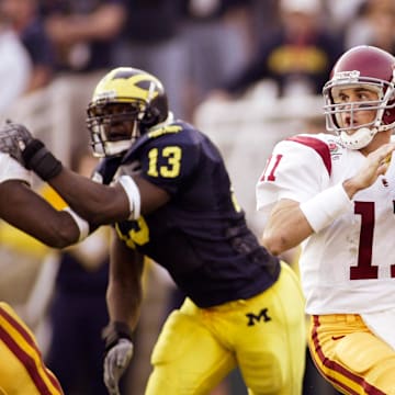 Jan 1, 2004; Pasadena, CA, USA: FILE PHOTO; Southern California Trojans quarterback Matt Leinart (11) in action against the Michigan Wolverines during the 2004 Rose Bowl at the Rose Bowl. The Trojans defeated the Wolverines 28-14. Mandatory Credit: Richard Mackson-USA TODAY Network