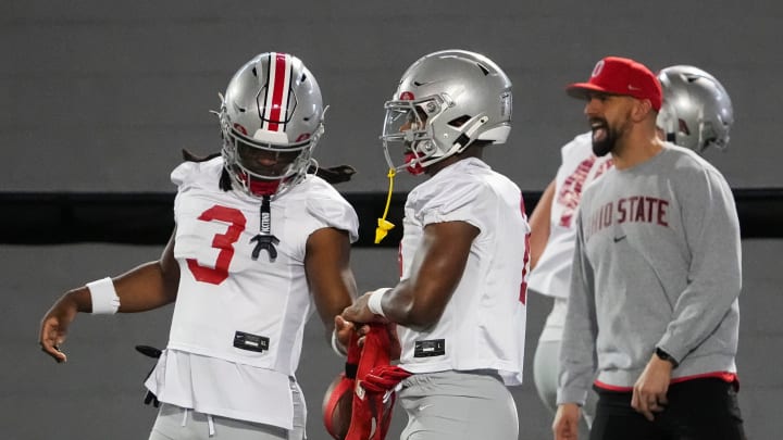 Mar 7, 2024; Columbus, OH, USA; Ohio State Buckeyes safety Ja'Had Carter (3) talks to safety Caleb Downs (2) during spring football practice at the Woody Hayes Athletic Center.