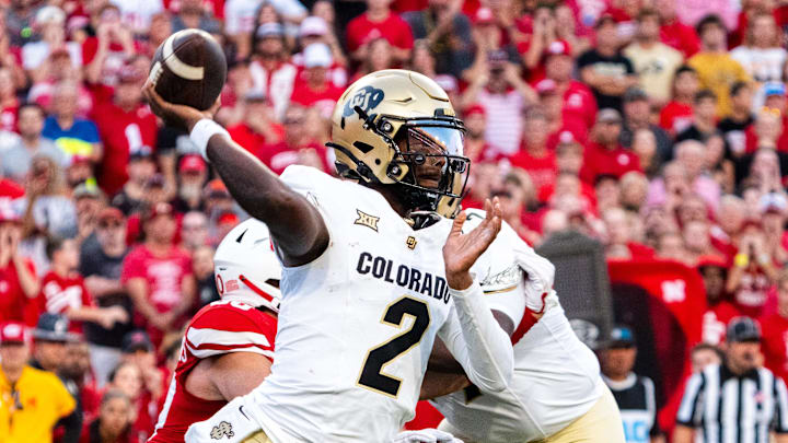 Sep 7, 2024; Lincoln, Nebraska, USA; Colorado Buffaloes quarterback Shedeur Sanders (2) passes against the Nebraska Cornhuskers during the second quarter at Memorial Stadium. Mandatory Credit: Dylan Widger-Imagn Images