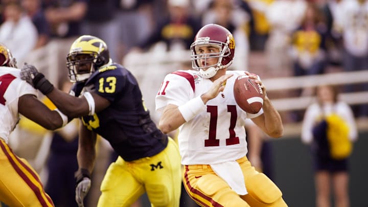 Jan 1, 2004; Pasadena, CA, USA: FILE PHOTO; Southern California Trojans quarterback Matt Leinart (11) in action against the Michigan Wolverines during the 2004 Rose Bowl at the Rose Bowl. The Trojans defeated the Wolverines 28-14. Mandatory Credit: Richard Mackson-USA TODAY Network