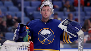 Jan 22, 2022; Buffalo, New York, USA;  Buffalo Sabres goaltender Michael Houser (32) takes a drink during a stoppage in. Play against the Philadelphia Flyers during the third period at KeyBank Center. Mandatory Credit: Timothy T. Ludwig-Imagn Images