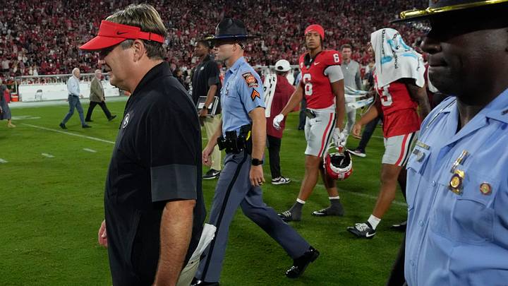Georgia Bulldogs coach Kirby Smart reacts while leaving the field after a NCAA college football game against Alabama in Athens, Ga., on Saturday, September 27, 2025. Alabama won 21-24.