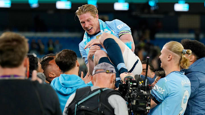 Kevin De Bruyne (top middle) played his final Premier League game at Etihad Stadium on Wednesday.