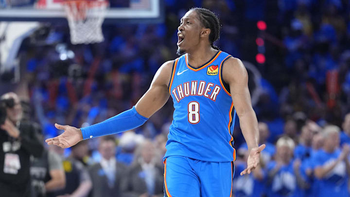 Jun 22, 2025; Oklahoma City, Oklahoma, USA; Oklahoma City Thunder forward Jalen Williams (8) reacts after a play against the Indiana Pacers during the second half of game seven of the 2025 NBA Finals at Paycom Center. Mandatory Credit: Kyle Terada-Imagn Images