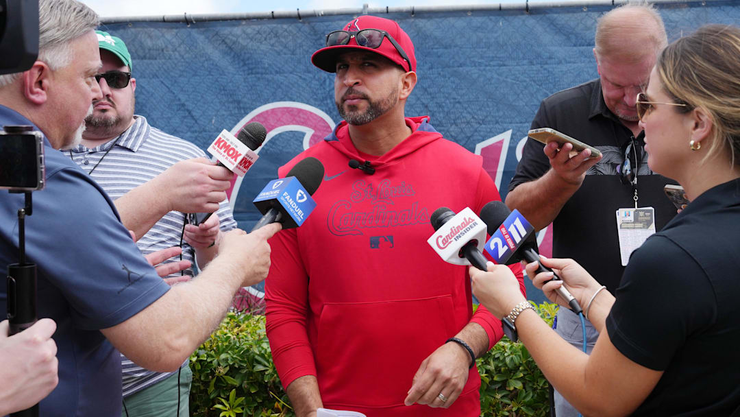 Feb 12, 2025; Jupiter, FL, USA;  St. Louis Cardinals manager Oliver Marmol takes questions from the media on the day pitchers and catchers report to Spring Training. Mandatory Credit: Jim Rassol-Imagn Images