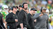 Jan 1, 2025; Pasadena, CA, USA;  Oregon Ducks head coach Dan Lanning looks on in the second quarter against the Ohio State Buckeyes in the 2025 Rose Bowl college football quarterfinal game at Rose Bowl Stadium. Mandatory Credit: Jayne Kamin-Oncea-Imagn Images