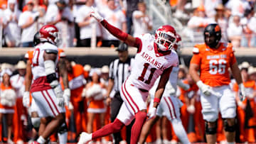 Arkansas' Jaylon Braxton (11) celebrates a defensive play in the first half of the college football game between the Oklahoma State Cowboys and the Arkansas Razorbacks at Boone Pickens Stadium in Stillwater, Okla.,, Saturday, Sept., 7, 2024.