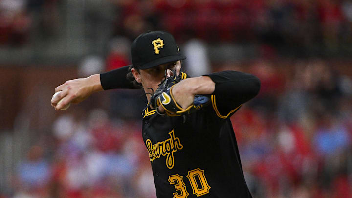 Sep 16, 2024; St. Louis, Missouri, USA; Pittsburgh Pirates starting pitcher Paul Skenes (30) pitches against the St. Louis Cardinals during the first inning at Busch Stadium. Mandatory Credit: Jeff Curry-Imagn Images