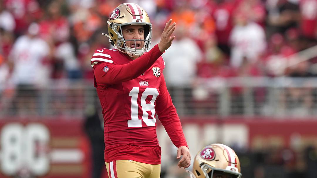 Oct 4, 2026; Santa Clara, California, USA; San Francisco 49ers place kicker Eddy Pineiro (18) prepares to kick an extra point during the third quarter against the Denver Broncos at Levi's Stadium. Mandatory Credit: Darren Yamashita-Imagn Images
