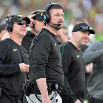 Jan 1, 2025; Pasadena, CA, USA;  Oregon Ducks head coach Dan Lanning looks on in the second quarter against the Ohio State Buckeyes in the 2025 Rose Bowl college football quarterfinal game at Rose Bowl Stadium. Mandatory Credit: Jayne Kamin-Oncea-Imagn Images