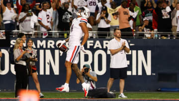 Aug 31, 2024; Tucson, Arizona, USA; Arizona Wildcats wide receiver Tetairoa McMillan (4) celebrates a touchdown during first quarter at Arizona Stadium. at Arizona Stadium. 