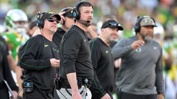 Jan 1, 2025; Pasadena, CA, USA;  Oregon Ducks head coach Dan Lanning looks on in the second quarter against the Ohio State Bu