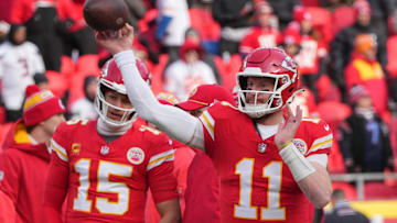 Jan 18, 2025; Kansas City, Missouri, USA; Kansas City Chiefs quarterback Carson Wentz (11) warms up against the Houston Texans prior to a 2025 AFC divisional round game at GEHA Field at Arrowhead Stadium. Mandatory Credit: Denny Medley-Imagn Images