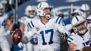 Jan 9, 2021; Orchard Park, New York, USA; Indianapolis Colts quarterback Philip Rivers (17) looks to throw a pass in the second quarter wildcard playoff game against the Buffalo Bills at Bills Stadium. 