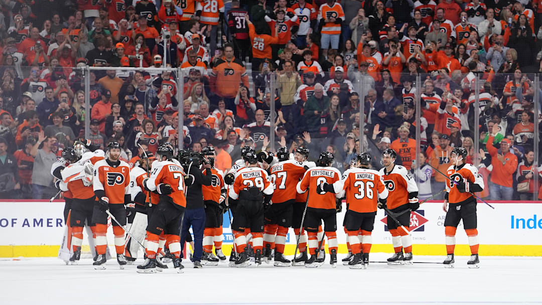 Apr 13, 2026; Philadelphia, Pennsylvania, USA; The Philadelphia Flyers react after the game against the Carolina Hurricanes at Xfinity Mobile Arena. Mandatory Credit: Kyle Ross-Imagn Images