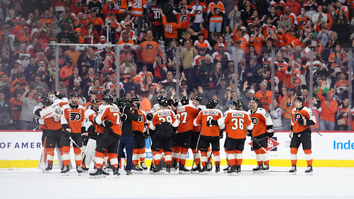 Apr 13, 2026; Philadelphia, Pennsylvania, USA; The Philadelphia Flyers react after the game against the Carolina Hurricanes at Xfinity Mobile Arena. Mandatory Credit: Kyle Ross-Imagn Images