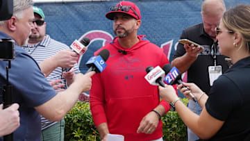 Feb 12, 2025; Jupiter, FL, USA;  St. Louis Cardinals manager Oliver Marmol takes questions from the media on the day pitchers and catchers report to Spring Training. Mandatory Credit: Jim Rassol-Imagn Images