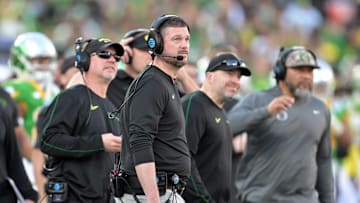 Jan 1, 2025; Pasadena, CA, USA;  Oregon Ducks head coach Dan Lanning looks on in the second quarter against the Ohio State Buckeyes in the 2025 Rose Bowl college football quarterfinal game at Rose Bowl Stadium. Mandatory Credit: Jayne Kamin-Oncea-Imagn Images