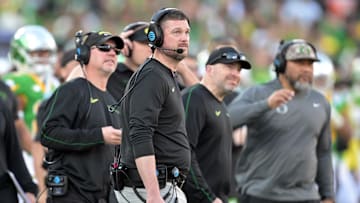 Jan 1, 2025; Pasadena, CA, USA;  Oregon Ducks head coach Dan Lanning looks on in the second quarter against the Ohio State Buckeyes in the 2025 Rose Bowl college football quarterfinal game at Rose Bowl Stadium. 
