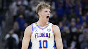 Mar 29, 2025; San Francisco, CA, USA; Florida Gators forward Thomas Haugh (10) celebrates during the second half against the Texas Tech Red Raiders during the West Regional final of the 2025 NCAA tournament at Chase Center. Mandatory Credit: Kyle Terada-Imagn Images