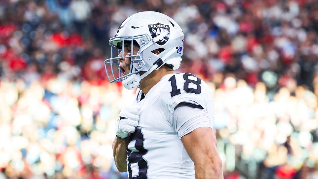 Dec 21, 2025; Houston, Texas, USA; Las Vegas Raiders wide receiver Jack Bech (18) reacts after catching a pass against the Houston Texans during the first quarter at NRG Stadium. Mandatory Credit: Troy Taormina-Imagn Images