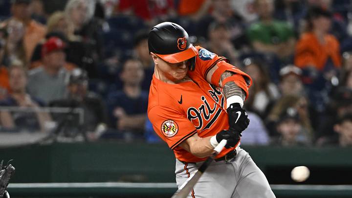 Baltimore Orioles outfielder Tyler O'Neill (9) hits a RBI sacrifice fly 