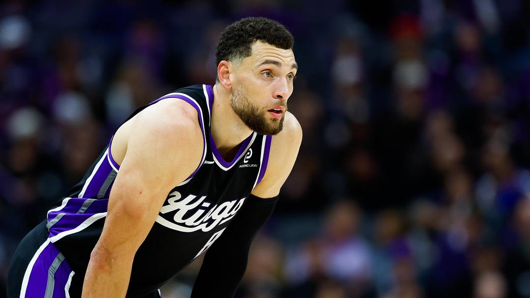 Jan 14, 2026; Sacramento, California, USA; Sacramento Kings guard Zach LaVine (8) looks on during the third quarter against the New York Knicks at Golden 1 Center.