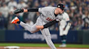 Tigers pitcher Tarik Skubal throws against Mariners during the first inning of ALDS Game 5 at T-Mobile Park in Seattle on Friday, Oct. 10, 2025.