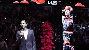 Jan 4, 2025; Chicago, Illinois, USA; Chicago Bulls and New York Knicks former player Derrick Rose speaks as he is honored at halftime of a game between the Chicago Bulls and the New York Knicks at United Center. Mandatory Credit: David Banks-Imagn Images