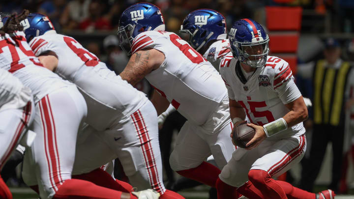 Aug 17, 2024; Houston, Texas, USA;  New York Giants quarterback Tommy DeVito (15)  fakes a hand off against the Houston Texans in the third quarter at NRG Stadium. Mandatory Credit: Thomas Shea-USA TODAY Sports