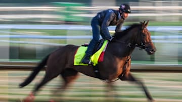 Kentucky Derby Contender Burnham Square trains with rider Mark Cutler Tuesday morning at Churchill Downs in Louisville, Kentucky April 22, 2025. The horse is trained by Ian Wilkes. Burnham Square is 3-1-1 in six starts, earning $977,755. He won Grade 1 Blue Grass on April 8 at Keeneland by a nose over East Avenue.