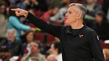 Oct 9, 2025; Chicago, Illinois, USA; Chicago Bulls head coach Billy Donovan directs his team against the Cleveland Cavaliers during the first half at United Center. Mandatory Credit: Patrick Gorski-Imagn Images