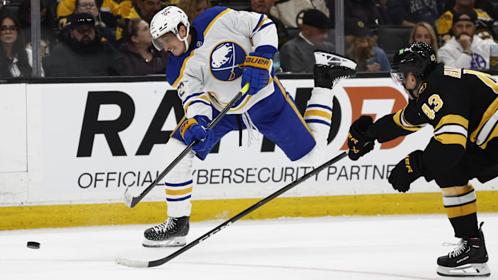 Oct 11, 2025; Boston, Massachusetts, USA; Buffalo Sabres center Tage Thompson (72) lets a shot go past Boston Bruins defenseman Jordan Harris (43) during the second period at TD Garden. Mandatory Credit: Winslow Townson-Imagn Images