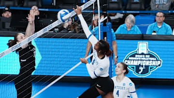 Kentucky's Jordyn Dailey (5) spiked against Cleveland State during the NCAA Women's Volleyball Tournament at Memorial Coliseum in Lexington, Ky. on Dec. 5, 2024.