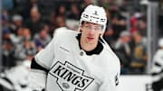 Oct 22, 2024; Las Vegas, Nevada, USA; Los Angeles Kings defenseman Andreas Englund (5) warms up before a game against the Vegas Golden Knights at T-Mobile Arena. Mandatory Credit: Stephen R. Sylvanie-Imagn Images