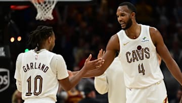 Dec 20, 2024; Cleveland, Ohio, USA; Cleveland Cavaliers guard Darius Garland (10) celebrates with forward Evan Mobley (4) during the second half against the Milwaukee Bucks at Rocket Mortgage FieldHouse. Mandatory Credit: Ken Blaze-Imagn Images