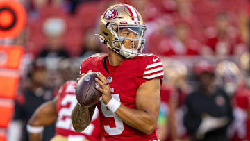 August 19, 2023; Santa Clara, California, USA; San Francisco 49ers quarterback Trey Lance (5) during the third quarter against the Denver Broncos at Levi's Stadium. Mandatory Credit: Kyle Terada-Imagn Images