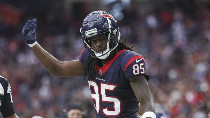 Nov 5, 2023; Houston, Texas, USA; Houston Texans wide receiver Noah Brown (85) reacts after making a reception during the fourth quarter against the Tampa Bay Buccaneers at NRG Stadium. Mandatory Credit: Troy Taormina-USA TODAY Sports