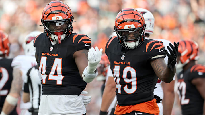 Dec 28, 2025; Cincinnati, Ohio, USA; Cincinnati Bengals linebacker Demetrius Knight Jr. (44) and Cincinnati Bengals linebacker Barrett Carter (49) react after a play during the second half against the Arizona Cardinals at Paycor Stadium. Mandatory Credit: Joseph Maiorana-Imagn Images
