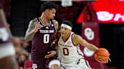Oklahoma Sooners goes past Texas A&M Aggies guard Jace Carter (0) during an SEC men's college basketball game between the University of Oklahoma Sooners (OU) and the Texas A&M Aggies at Lloyd Noble Center in Norman, Okla., Wednesday, Jan. 8, 2025.