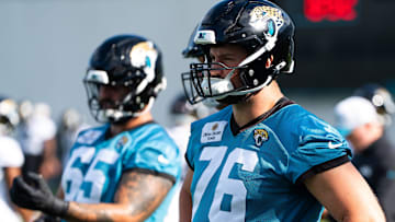 Jacksonville Jaguars guard Ezra Cleveland (76) takes a breather during the Jacksonville Jaguars’ third mandatory minicamp Thursday June 12, 2025 at the Miller Electric Center in Jacksonville
