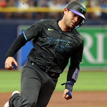 Tampa Bay Rays catcher Alex Jackson scores during a game against the Arizona Diamondbacks on Aug. 17 at Tropicana FIeld.