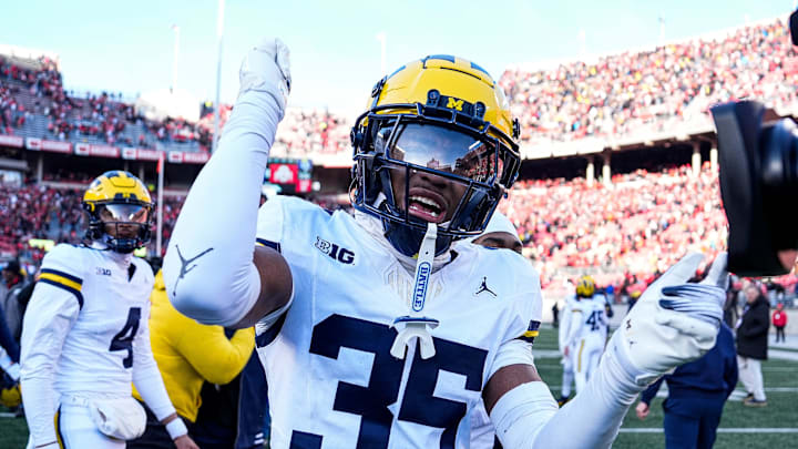 Michigan defensive back Jyaire Hill (35) celebrates 13-10 win over Ohio State at Ohio Stadium in Columbus, Ohio on Saturday, Nov. 30, 2024.