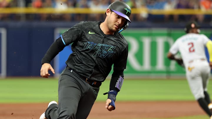 Tampa Bay Rays catcher Alex Jackson scores during a game against the Arizona Diamondbacks on Aug. 17 at Tropicana FIeld.