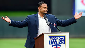 Aug 4, 2018; Minneapolis, MN, USA; Johan Santana reacts as he is inducted into the Minnesota Twins Hall of Fame before the game against the Kansas City Royals at Target Field. Mandatory Credit: Jeffrey Becker-Imagn Images